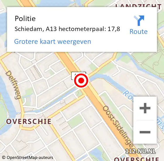 Locatie op kaart van de 112 melding: Politie Schiedam, A13 hectometerpaal: 17,8 op 26 september 2024 00:55