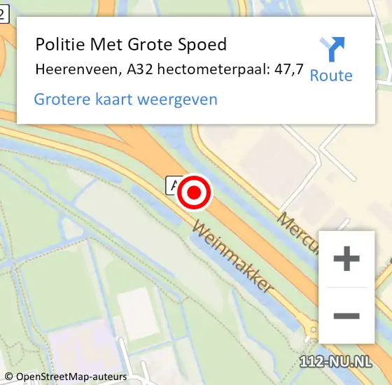 Locatie op kaart van de 112 melding: Politie Met Grote Spoed Naar Heerenveen, A32 hectometerpaal: 47,7 op 26 september 2024 05:13