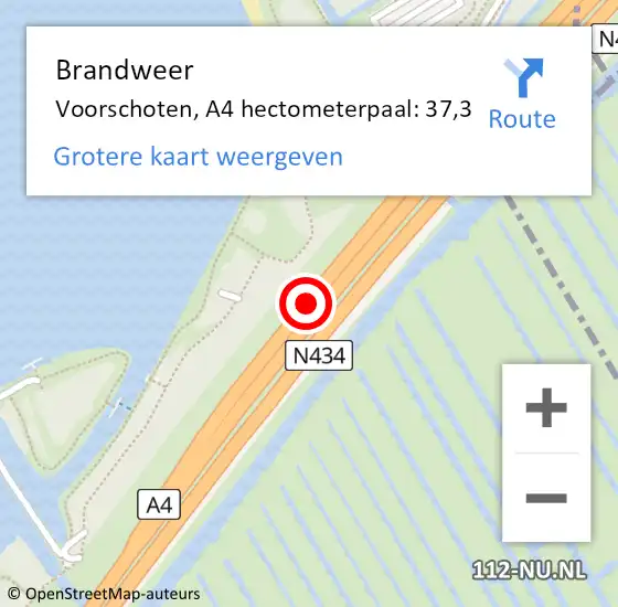 Locatie op kaart van de 112 melding: Brandweer Voorschoten, A4 hectometerpaal: 37,3 op 26 september 2024 06:31