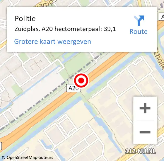 Locatie op kaart van de 112 melding: Politie Zuidplas, A20 hectometerpaal: 39,1 op 26 september 2024 07:17