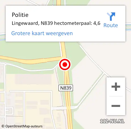 Locatie op kaart van de 112 melding: Politie Lingewaard, N839 hectometerpaal: 4,6 op 26 september 2024 08:59