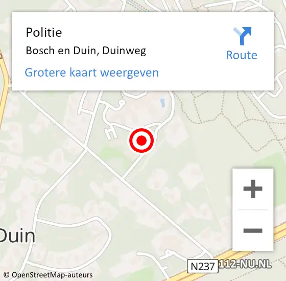 Locatie op kaart van de 112 melding: Politie Bosch en Duin, Duinweg op 26 september 2024 09:09