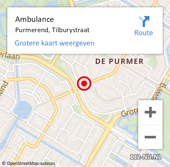 Locatie op kaart van de 112 melding: Ambulance Purmerend, Tilburystraat op 26 september 2024 09:58