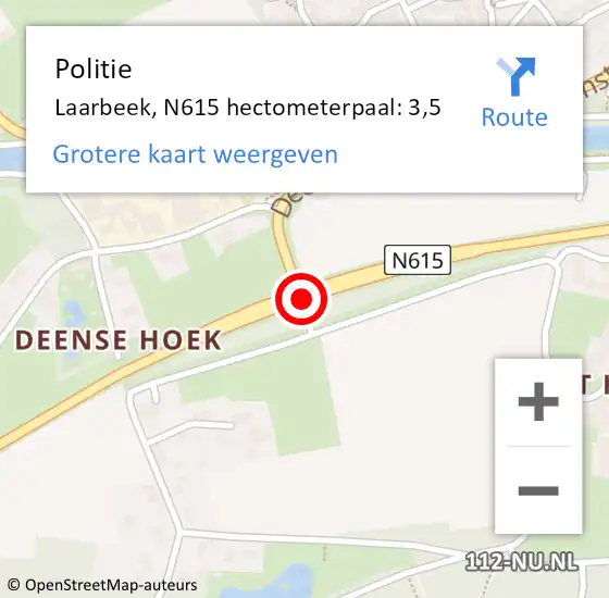 Locatie op kaart van de 112 melding: Politie Laarbeek, N615 hectometerpaal: 3,5 op 26 september 2024 10:50