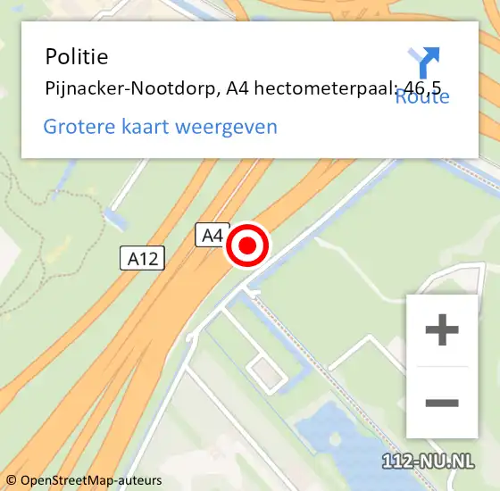 Locatie op kaart van de 112 melding: Politie Pijnacker-Nootdorp, A4 hectometerpaal: 46,5 op 26 september 2024 12:00