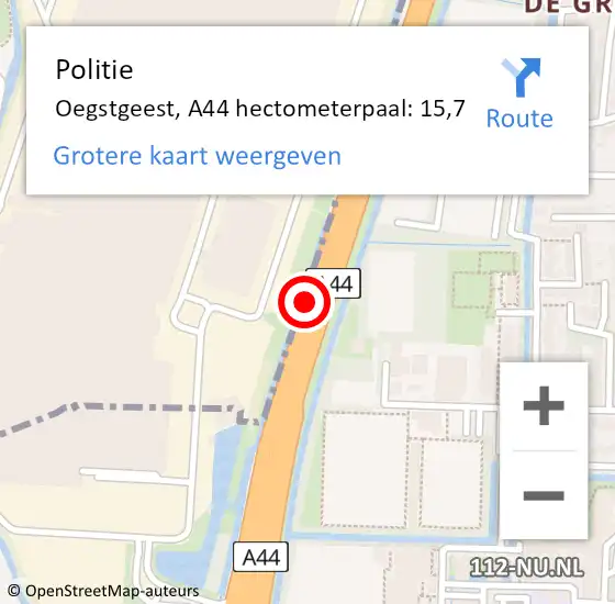 Locatie op kaart van de 112 melding: Politie Oegstgeest, A44 hectometerpaal: 15,7 op 26 september 2024 12:25