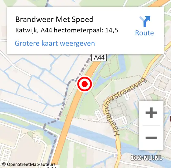 Locatie op kaart van de 112 melding: Brandweer Met Spoed Naar Katwijk, A44 hectometerpaal: 14,5 op 26 september 2024 12:27