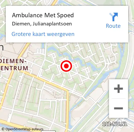 Locatie op kaart van de 112 melding: Ambulance Met Spoed Naar Diemen, Julianaplantsoen op 26 september 2024 12:34