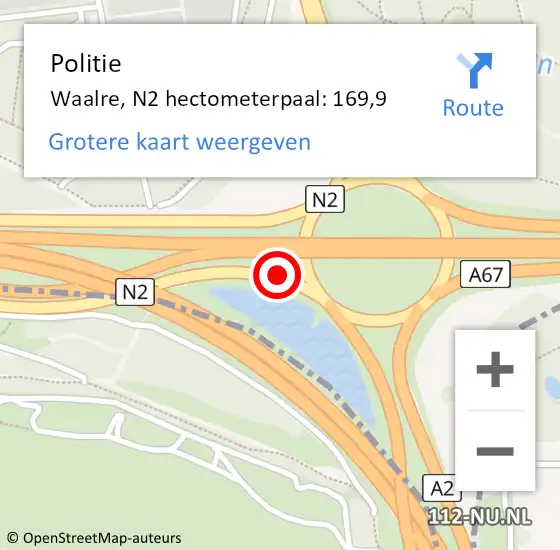 Locatie op kaart van de 112 melding: Politie Waalre, N2 hectometerpaal: 169,9 op 26 september 2024 13:21