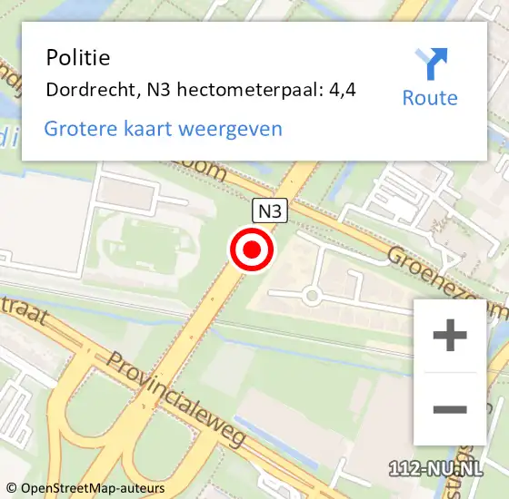 Locatie op kaart van de 112 melding: Politie Dordrecht, N3 hectometerpaal: 4,4 op 26 september 2024 14:46