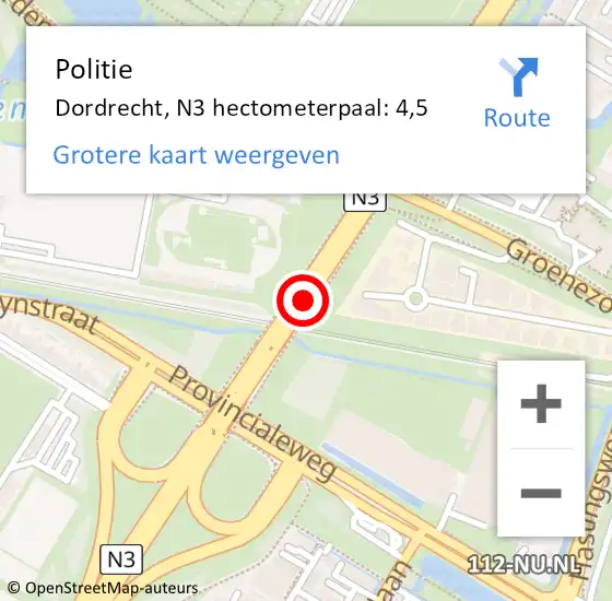 Locatie op kaart van de 112 melding: Politie Dordrecht, N3 hectometerpaal: 4,5 op 26 september 2024 14:48