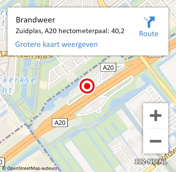 Locatie op kaart van de 112 melding: Brandweer Zuidplas, A20 hectometerpaal: 40,2 op 26 september 2024 15:14