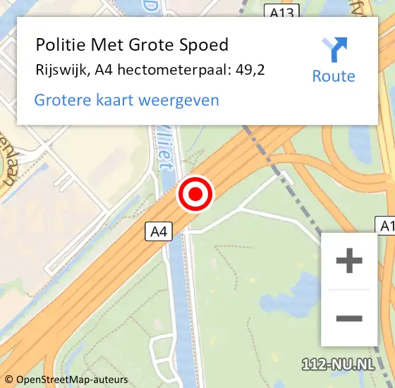 Locatie op kaart van de 112 melding: Politie Met Grote Spoed Naar Rijswijk, A4 hectometerpaal: 49,2 op 26 september 2024 15:16