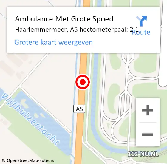 Locatie op kaart van de 112 melding: Ambulance Met Grote Spoed Naar Haarlemmermeer, A5 hectometerpaal: 2,1 op 26 september 2024 15:51