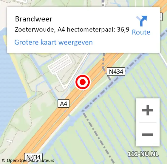 Locatie op kaart van de 112 melding: Brandweer Zoeterwoude, A4 hectometerpaal: 36,9 op 26 september 2024 16:18