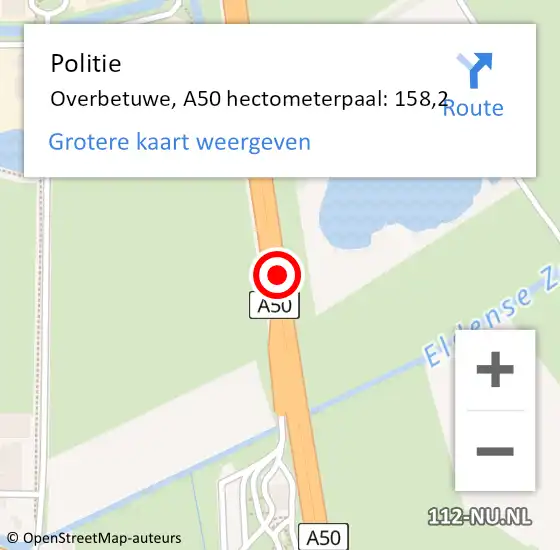 Locatie op kaart van de 112 melding: Politie Overbetuwe, A50 hectometerpaal: 158,2 op 26 september 2024 16:22