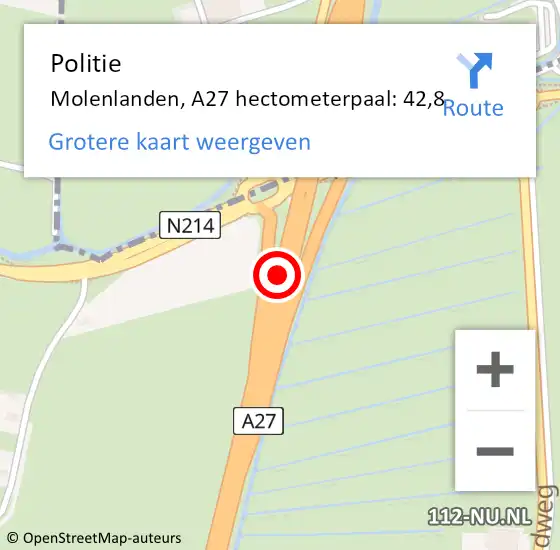 Locatie op kaart van de 112 melding: Politie Molenlanden, A27 hectometerpaal: 42,8 op 26 september 2024 16:41