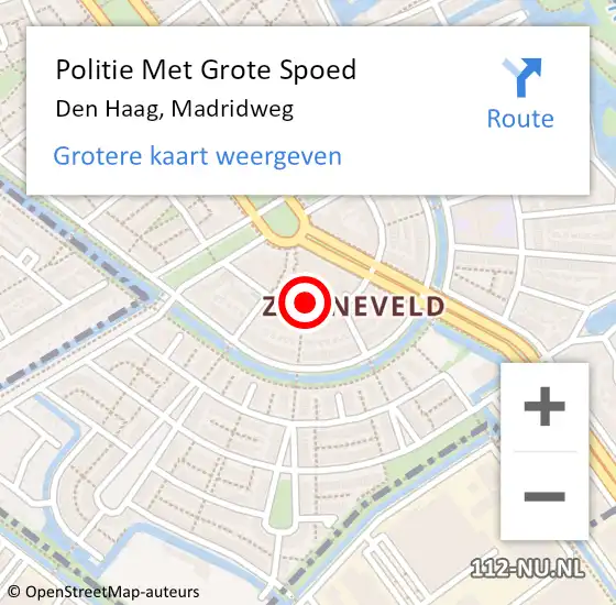 Locatie op kaart van de 112 melding: Politie Met Grote Spoed Naar Den Haag, Madridweg op 26 september 2024 16:53