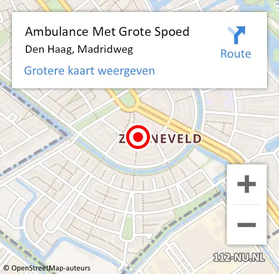 Locatie op kaart van de 112 melding: Ambulance Met Grote Spoed Naar Den Haag, Madridweg op 26 september 2024 16:54