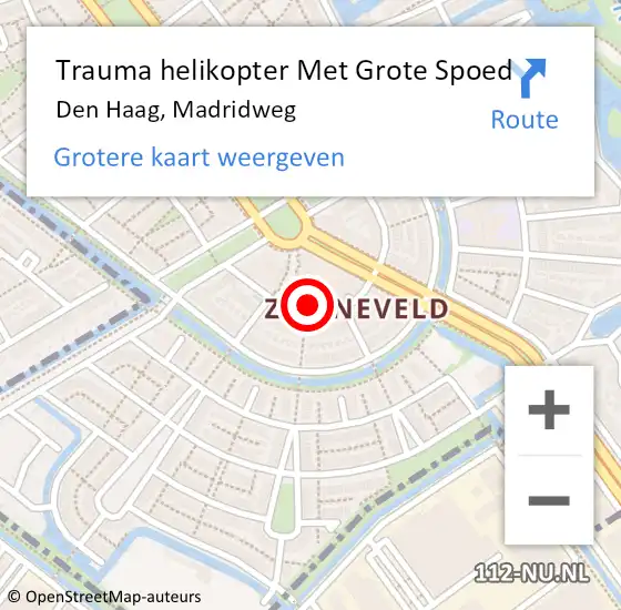 Locatie op kaart van de 112 melding: Trauma helikopter Met Grote Spoed Naar Den Haag, Madridweg op 26 september 2024 16:55