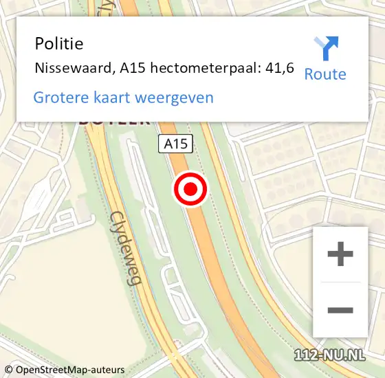 Locatie op kaart van de 112 melding: Politie Nissewaard, A15 hectometerpaal: 41,6 op 26 september 2024 17:02