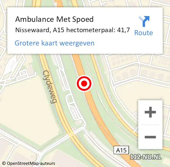 Locatie op kaart van de 112 melding: Ambulance Met Spoed Naar Nissewaard, A15 hectometerpaal: 41,7 op 26 september 2024 17:02