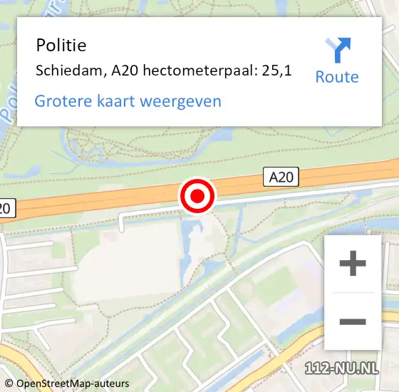 Locatie op kaart van de 112 melding: Politie Schiedam, A20 hectometerpaal: 25,1 op 26 september 2024 17:12