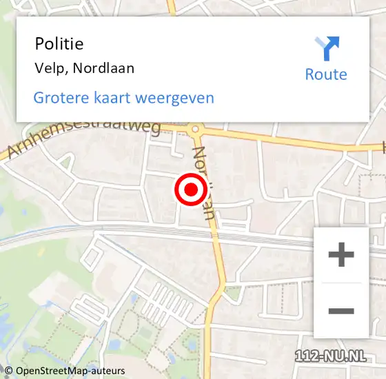 Locatie op kaart van de 112 melding: Politie Velp, Nordlaan op 26 september 2024 18:11