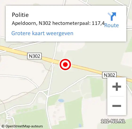 Locatie op kaart van de 112 melding: Politie Apeldoorn, N302 hectometerpaal: 117,4 op 26 september 2024 19:10