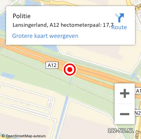 Locatie op kaart van de 112 melding: Politie Lansingerland, A12 hectometerpaal: 17,7 op 26 september 2024 20:53