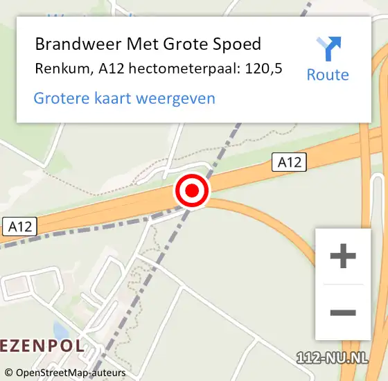 Locatie op kaart van de 112 melding: Brandweer Met Grote Spoed Naar Renkum, A12 hectometerpaal: 120,5 op 26 september 2024 21:25