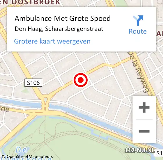 Locatie op kaart van de 112 melding: Ambulance Met Grote Spoed Naar Den Haag, Schaarsbergenstraat op 26 september 2024 22:04