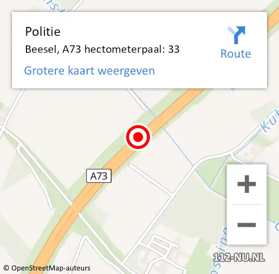 Locatie op kaart van de 112 melding: Politie Venlo, A73 hectometerpaal: 33 op 26 september 2024 22:17