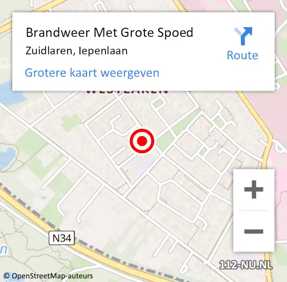 Locatie op kaart van de 112 melding: Brandweer Met Grote Spoed Naar Zuidlaren, Iepenlaan op 26 september 2024 22:51