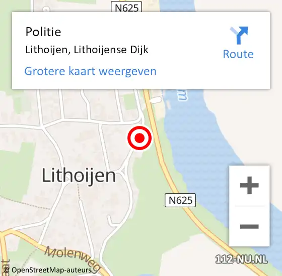 Locatie op kaart van de 112 melding: Politie Lithoijen, Lithoijense Dijk op 26 september 2024 22:55