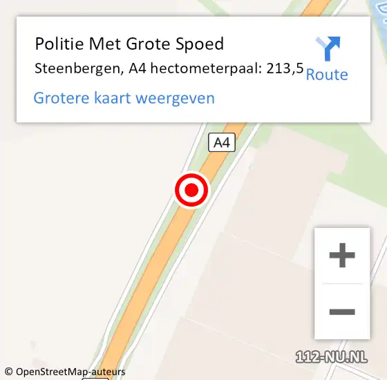 Locatie op kaart van de 112 melding: Politie Met Grote Spoed Naar Steenbergen, A4 hectometerpaal: 213,5 op 27 september 2024 03:10