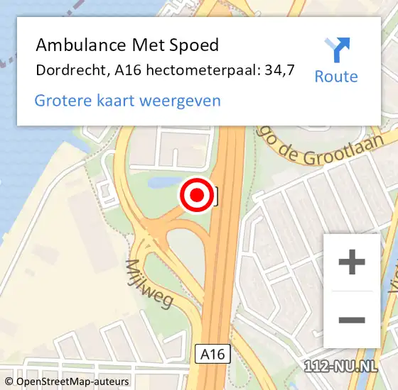 Locatie op kaart van de 112 melding: Ambulance Met Spoed Naar Dordrecht, A16 hectometerpaal: 34,7 op 27 september 2024 06:34