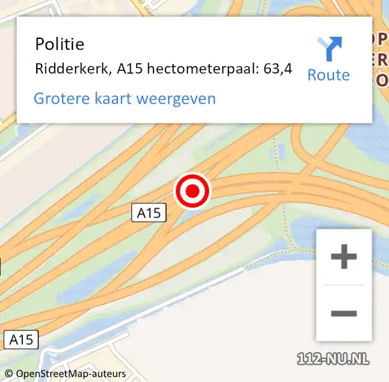 Locatie op kaart van de 112 melding: Politie Ridderkerk, A15 hectometerpaal: 63,4 op 27 september 2024 06:53