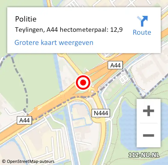 Locatie op kaart van de 112 melding: Politie Teylingen, A44 hectometerpaal: 12,9 op 27 september 2024 07:35