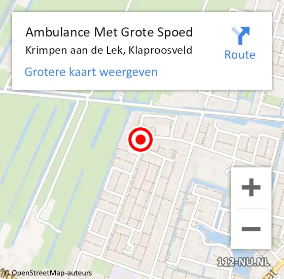 Locatie op kaart van de 112 melding: Ambulance Met Grote Spoed Naar Krimpen aan de Lek, Klaproosveld op 27 september 2024 07:52