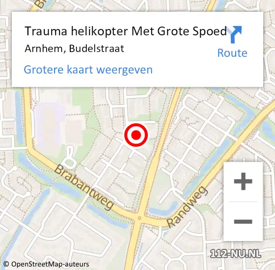 Locatie op kaart van de 112 melding: Trauma helikopter Met Grote Spoed Naar Arnhem, Budelstraat op 27 september 2024 07:58