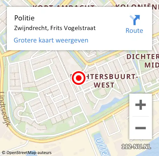 Locatie op kaart van de 112 melding: Politie Zwijndrecht, Frits Vogelstraat op 27 september 2024 08:08