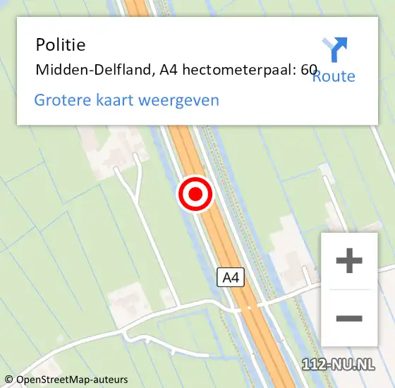 Locatie op kaart van de 112 melding: Politie Midden-Delfland, A4 hectometerpaal: 60 op 27 september 2024 08:53