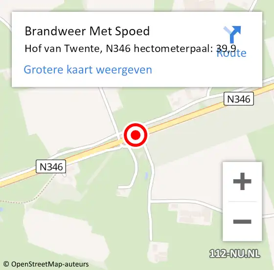 Locatie op kaart van de 112 melding: Brandweer Met Spoed Naar Hof van Twente, N346 hectometerpaal: 39,9 op 27 september 2024 08:54