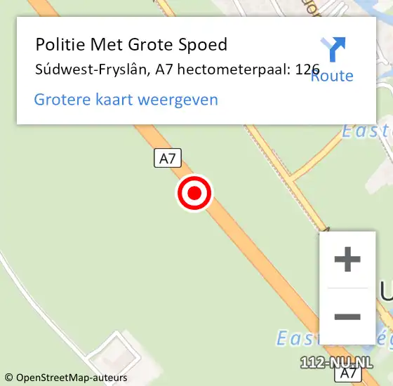 Locatie op kaart van de 112 melding: Politie Met Grote Spoed Naar Súdwest-Fryslân, A7 hectometerpaal: 126 op 27 september 2024 09:57