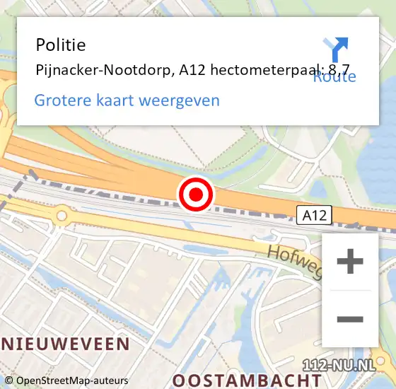 Locatie op kaart van de 112 melding: Politie Pijnacker-Nootdorp, A12 hectometerpaal: 8,7 op 27 september 2024 10:18