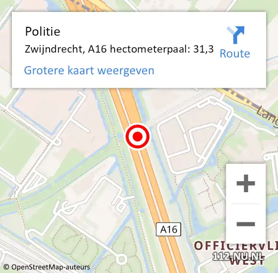 Locatie op kaart van de 112 melding: Politie Zwijndrecht, A16 hectometerpaal: 31,3 op 27 september 2024 11:22