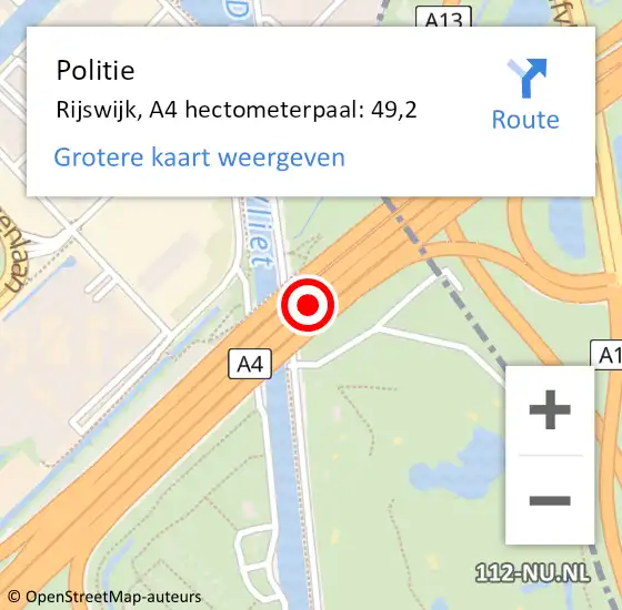 Locatie op kaart van de 112 melding: Politie Rijswijk, A4 hectometerpaal: 49,2 op 27 september 2024 11:23