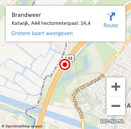 Locatie op kaart van de 112 melding: Brandweer Katwijk, A44 hectometerpaal: 14,4 op 27 september 2024 12:43