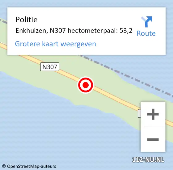 Locatie op kaart van de 112 melding: Politie Enkhuizen, N307 hectometerpaal: 53,2 op 27 september 2024 12:49